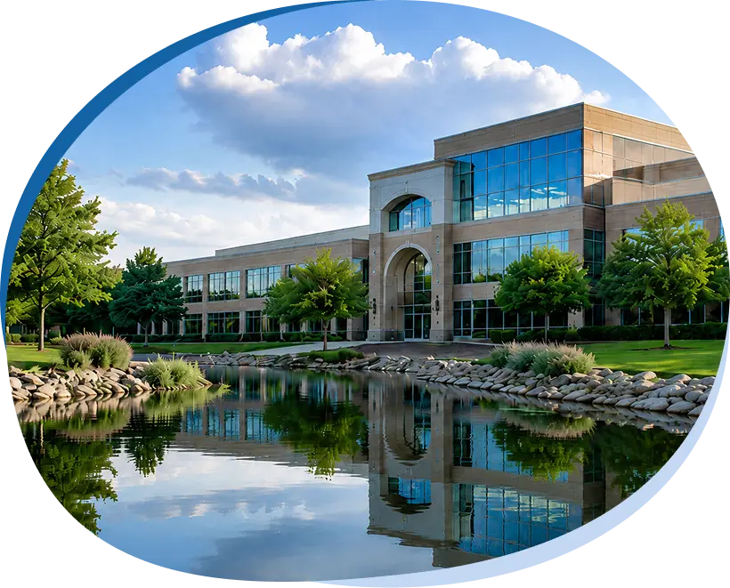 Modern office building and landscaped pond in Rolling Meadows, Illinois