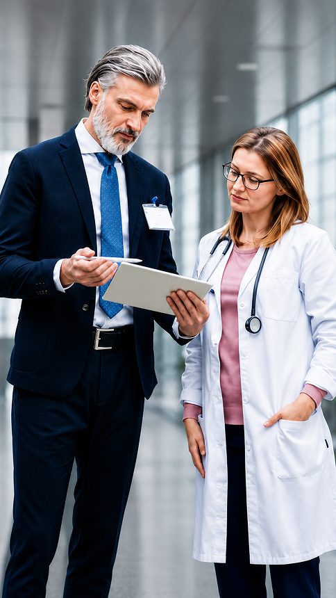 A senior physician and a female doctor reviewing information on a tablet