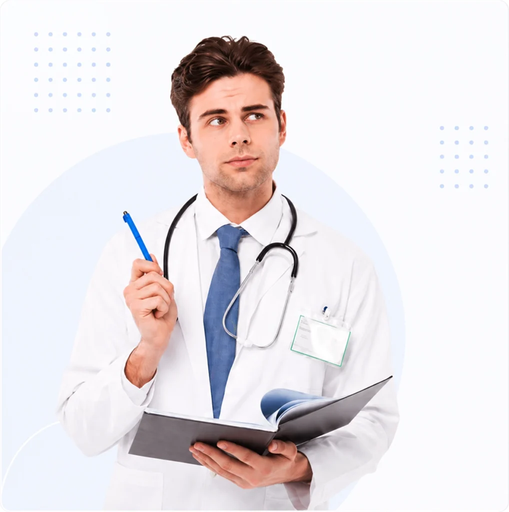 Doctor reviewing study material while preparing for the USMLE Step 1 exam